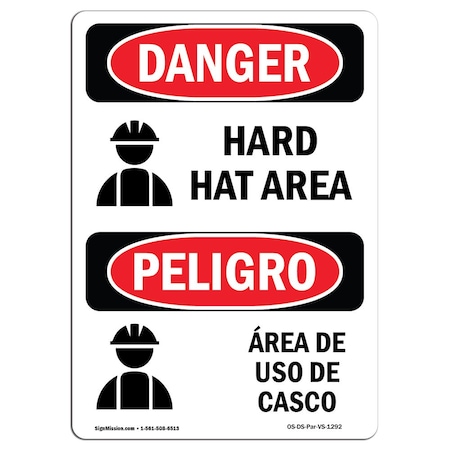 OSHA Danger Sign, Hard Hat Area Bilingual, 18in X 12in Aluminum